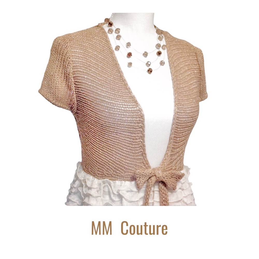 🆕 MM COUTURE Metallic Gold Tie Front Long Cardigan w/Ivory & Beige Ruffles NWT - Picture 7 of 12